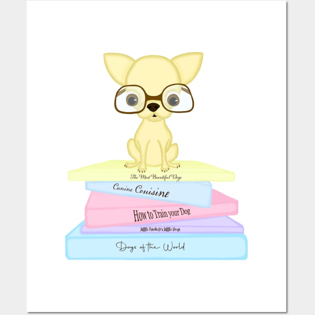 Chihuahua dog wearing glasses and reading books Wall Art by Brushes with Nature